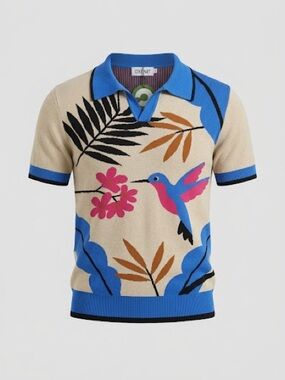 OXKNIT Men's Multicolored Retro Bird Art Jacquard Polo Knit Shirt size Large